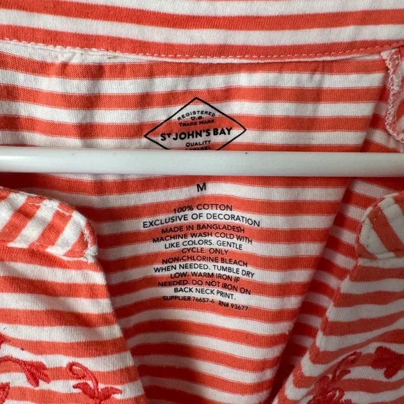 St Johns Bay Womens Medium Coral Red White Striped Floral Embroidered Cotton Top - Picture 2 of 3